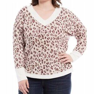 Vince Camuto Plus Beige White Sweater Animal Print Gold Metallic V Neck Pullover